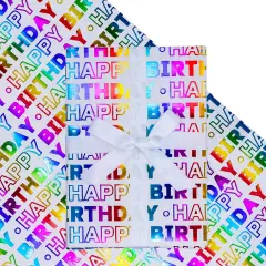 Birthday Wrapping Paper Roll, Happy Birthday Lettering Colorful Holographic Foil Design for Birthday, Baby Shower, Holiday Party Gift Wrap, Mini Roll, 17 inches x 16.4 Feet (23.2 sq.ft.)
