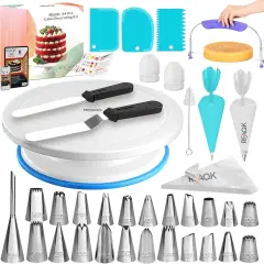 64 PCs Cake Decorating Kit for Beginners Includes Video Course, Booklet + Baking Supplies Gift - Cake Stand, Leveler, 24 Numbered Piping Tips, Straight & Offset Spatula, & Scraper sets