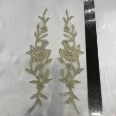 1 Pair Beaded & Corded Lace Applique Embroidered on 100% Polyester Organza 10" x 2" Each Side Antique Gold