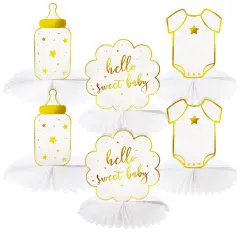 Sparkle and Bash Hello Sweet Baby Table Centerpieces, Honeycomb Gender Neutral Baby Shower Decorations (White and Gold Foil, 6 Pack, 3 Designs)