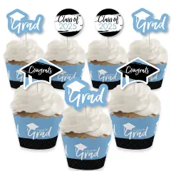 Big Dot of Happiness 2025 Light Blue Graduation Cupcake Decoration - Party Cupcake Wrappers and Treat Picks Kit - Set of 24