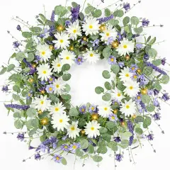 Spring Wreaths for Front Door with Lights Timer, Handmade Floral Wreath with Lavender, Daisy & Eucalyptu