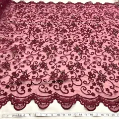 1 Yard Exquisite Beaded & Corded Bridal Fabric Lace Embroidered on 100% Polyester Organza 54 Inch Width Wine