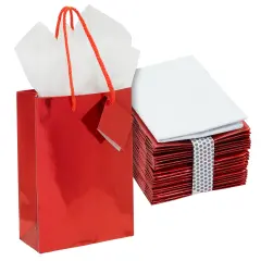 20-Pack Small Glossy Gift Bags with Handles, 5.5x2.5x7.9-Inch Paper Bags with Foil Coating, White Tissue Paper Sheets, and Tags for Small Business (Red)