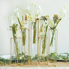14" long Gold 5 Jointed Geometric Flower Vase Holders with Glass Test Tubes