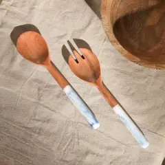 Marble & Wood Salad Server-Set of 2, 12"X3" Blue