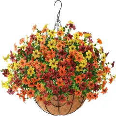 Artificial Faux Hanging Flowers Plants Basket for Outdoor Spring Decoration,Fake Silk Daisy in Planter UV Resistant Realistic for Outside Home Porch Patio Yard Balcony Decor(Orange Brown Yellow)