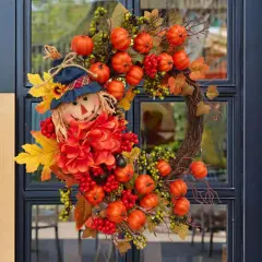 Fall Pumpkin Wreath with Scarecrow and Berries - 20 Inch