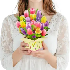 Colorful Tulip 3D Pop Up Spring Greeting Card for Mother&rsquo;s Day Birthday Easter Anniversary Thank You Sympathy Get Well, Handmade Floral Bouquet for Mom, Grandma, Wife, Teacher, with Envelope and Blank Note Card