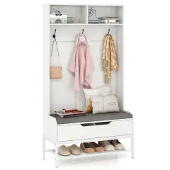Costway 69" Tall Hall Tree with Seat Cushion Open Compartments Hooks Lift-top Storage White/Black/Rustic Brown
