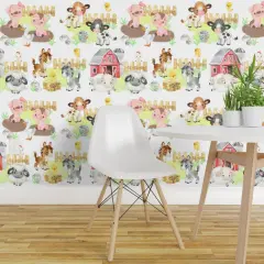 Pre-Pasted Wallpaper 2FT Wide Farm Animals Baby Barnyard Watercolor Custom Pre-pasted Wallpaper by Spoonflower