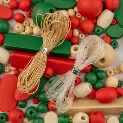John Bead Craft Wood Beads with Elastic Nylon Cord, 90g Green& Red &Natural