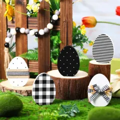 6 Pcs Easter Bunny Eggs Wooden Signs with Wood Bead String Black and White Easter Tiered Tray Decor Set Rustic Wood Table Sign Spring Tabletop Decorations for Home Farmhouse Decor (Egg Style)