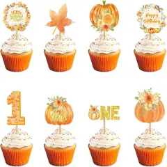 48 Pcs Pumpkin One Cupcake Toppers Pumpkin Baby shower Decorations 1st Birthday Cake