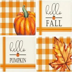 Set of 4 Hello Fall Pumpkin Maple Leaves Placemats - 12 x 18 Inch (Orange)