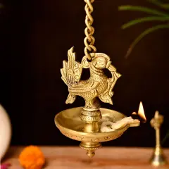 Brass Peacock Wall Hanging Diya with Chain Annam Hanging Idol Oil Lamp Diya for Home Temple Mandir Office Diwali Decor Kathu Vilakku Puja Diya - Deepawali Housewarming Return Gift