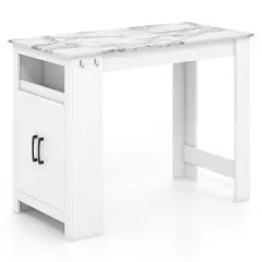 White MDF Bar Table with Faux Marble Top, Adjustable Shelf and Hooks