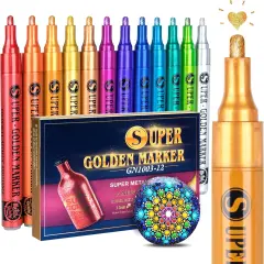 Super Golden Metallic Paint Markers, 12 Colors Sparkle Metallic Glitter Markers, Acrylic Paint Pens for Rock Painting, Glass, Wood, Fabric, Black Paper, Cards, Scrapbook, DIY Art Crafts (2-3mm)