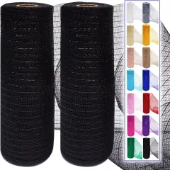 2 Pcs Black Deco Mesh Ribbon Rolls 10 Inch 10 Yards(30 ft) Decorative Mesh Fabric with Foil