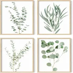 Summer Botanical Plant Wall Decor Prints - Set of 4, Floral Kitchen and Flower Leaves Wall Decor, Boho Leaf Eucalyptus Wall Decor, Green Botanical Posters (Beige Frame, 11x14)