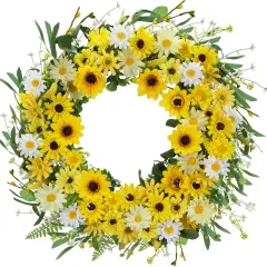 22" Daisy and Sunflower Wreath &ndash; Yellow Summer Front Door Wreath, Farmhouse Wall Decor for Home, Porch, or Outdoor Use