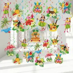 30 Pieces Hawaiian Luau Birthday Party Hanging Swirl Decorations, Flower Tropical Palm Flamingo Sign Foil Ceiling Decor