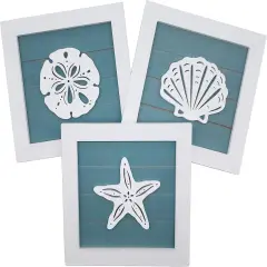 Ocean Theme Wall Decor Set &ndash; 3 Rustic 7x7in Wooden Beach Signs with 3D Starfish, Seashell & Sand Dollar for Coastal Summer Home or Lake House Decor