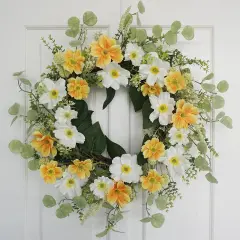 "Yellow Summer Floral Arrangement Wreath for Front Door, 20 Inch Artificial Wreath with Cosmos and Daisy Flowers, Tropical Wreath for Porch, Wall, and Window Home Decor"