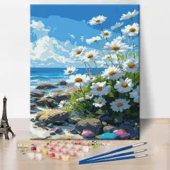 Beach Landscape Paint by Numbers, Daisy Flowers on The Beach Paint by Numbers Kit for Adults, Beach Rock DIY Canvas Oil Painting Paint by Number for Beginners Enthusiasts 16x20inch Frameless