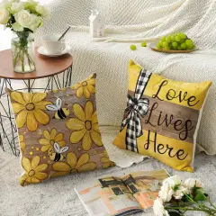 Spring Home Sweet Home Bee Sunflower Throw Pillow Covers, 18 x 18 Inch Love Lives Here Summer Stripes Polka Dots Cushion Case for Sofa Couch Set of 4