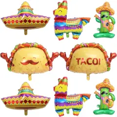 Mexican Fiesta Party Decorations 8Pcs Fiesta Balloons Mexico Taco Llama Cactus Sombrero Mylar Foil Balloons for Cinco De Mayo Taco Carnival Birthday Party Supplies