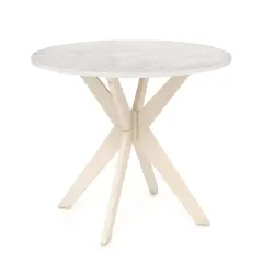White Rubber Wood Round Dining Table with Faux Marble Top