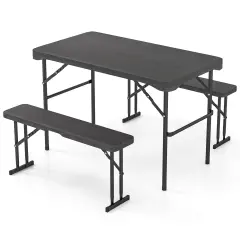 Black HDPE Folding Picnic Table Set with Benches and Wood Grain Look