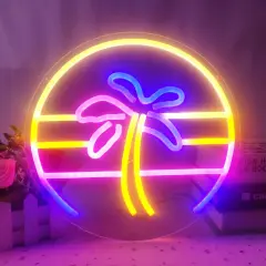 Sunset Neon Sign &ndash; Dimmable Tropical Coconut Palm Tree Neon Sign, 12"x 12" | Aesthetic 80s Retro Palm Tree Wall Decor for Home, Bar, Birthday, and Christmas