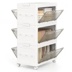 White PP HIPS 3-Tier Storage Bins and Quick Fold Stackable with Casters