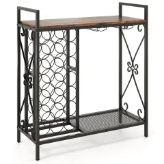 Rustic Brown Freestanding 21 Wine Bottle Organizer with Glass Holder and Metal Frame