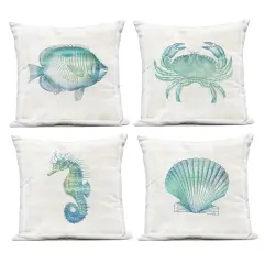 Stupell Industries Aquatic Sea Life Impressions 4pc Outdoor Printed Pillow Set design by Susan Arnot, 18 x 7 x 18