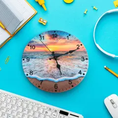 12-Inch Beach-Themed Blue Glass Wall Clock &ndash; Frameless Silent Battery Operated, Tempered Glass Design with Analog Display (1x AA Battery Required)