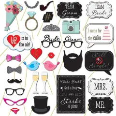 Photo Booth Props, 31Pcs Set of Wedding Party Supplies & Decorations, Selfie Station With Real Glitter Cute Backdrop
