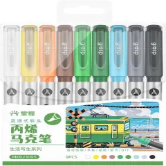 9 Color Acrylic Paint Markers, Brush Tip Acrylic Paint Pens With Visual Ink Window, Fabric Paint Markers for Clothes, Textile - High Coverage on Wood, Glass, Rock - DIY Art Supplies for Kids, Adults