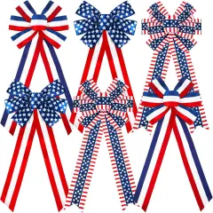 6 Pcs 4th of July Patriotic Wreath Bow Red White Blue Stripe Star Bow American Flag Bunting Bows Memorial Day Decoration for Indoor Outdoor Holiday Independence Day Decorations
