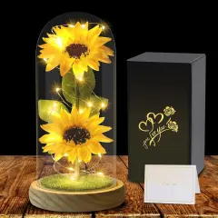 Sunflower Tabletop Gifts for Women Mom Grandma, Enchanted LED Sunflower Lamp, Unique Artificial Flowers in Glass Dome