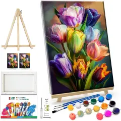 Paint by Numbers Kit for Adults Flowers Paint by Number with Frame Floral Paint by Number with Easel Tulip Digital Oil Painting Kits for Gift Home Wall Decor 7.87x11.81 Inch