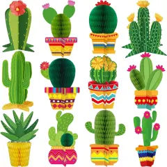 12 Pcs Cactus Party Decorations Cinco De Mayo Honeycomb Table Centerpieces Mexico Garland Cutouts for Fiesta Baby Shower Favor Cactus Theme Classroom Birthday Mexican Party Decoration Supplies
