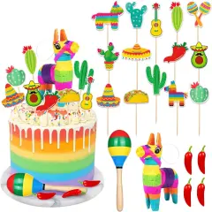 20 Pcs Fiesta Cupcake Toppers, Mexican Theme Cake Topper, Cactus Pinata Taco Guitar Party Cake Decorations with Wooden Sand Hammer and Foam Chili for Fiesta Party Decorations