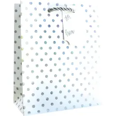 Pack/6: Silver Dots on White Gift Bag - 6 x 3 x 7-1/2"