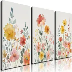 Summer Floral Wall Decor, Colorful Wildflower Watercolor Flower Canvas Prints, Botanical Painting Flower Posters for Bedroom, Living Room, and Bathroom, 12x16 Inch Framed Set of 3