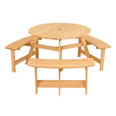 Natural Fir Wood Round Kids Picnic Table Set with Benches and Umbrella Hole