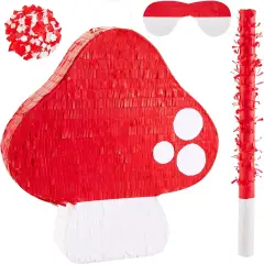 Mushroom Pi&ntilde;ata 3D Mushroom Shaped Pi&ntilde;ata Mushroom Party Favor with Blindfold Bat Confetti for Forest Jungle Fairy Theme Woodland Birthday Party Baby Shower Garden Decor, 14.9 x 14.1 x 2.95"