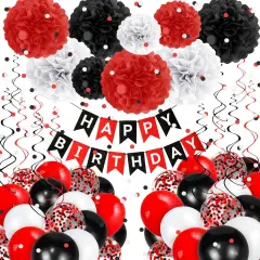Red and Black Birthday Decorations Kit with Happy Birthday Banner, Balloons, Paper Confetti, Tissue Paper Pom Poms & Hanging Swirl for Party Decoration